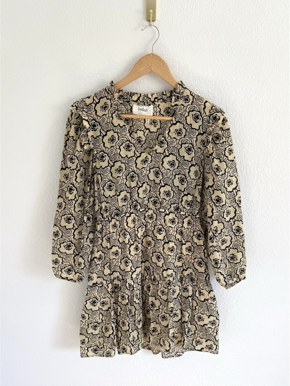 BA&SH Hyana Mini Dress Sz XS Beige Black Floral Loose Breezy Fabric Lightweight